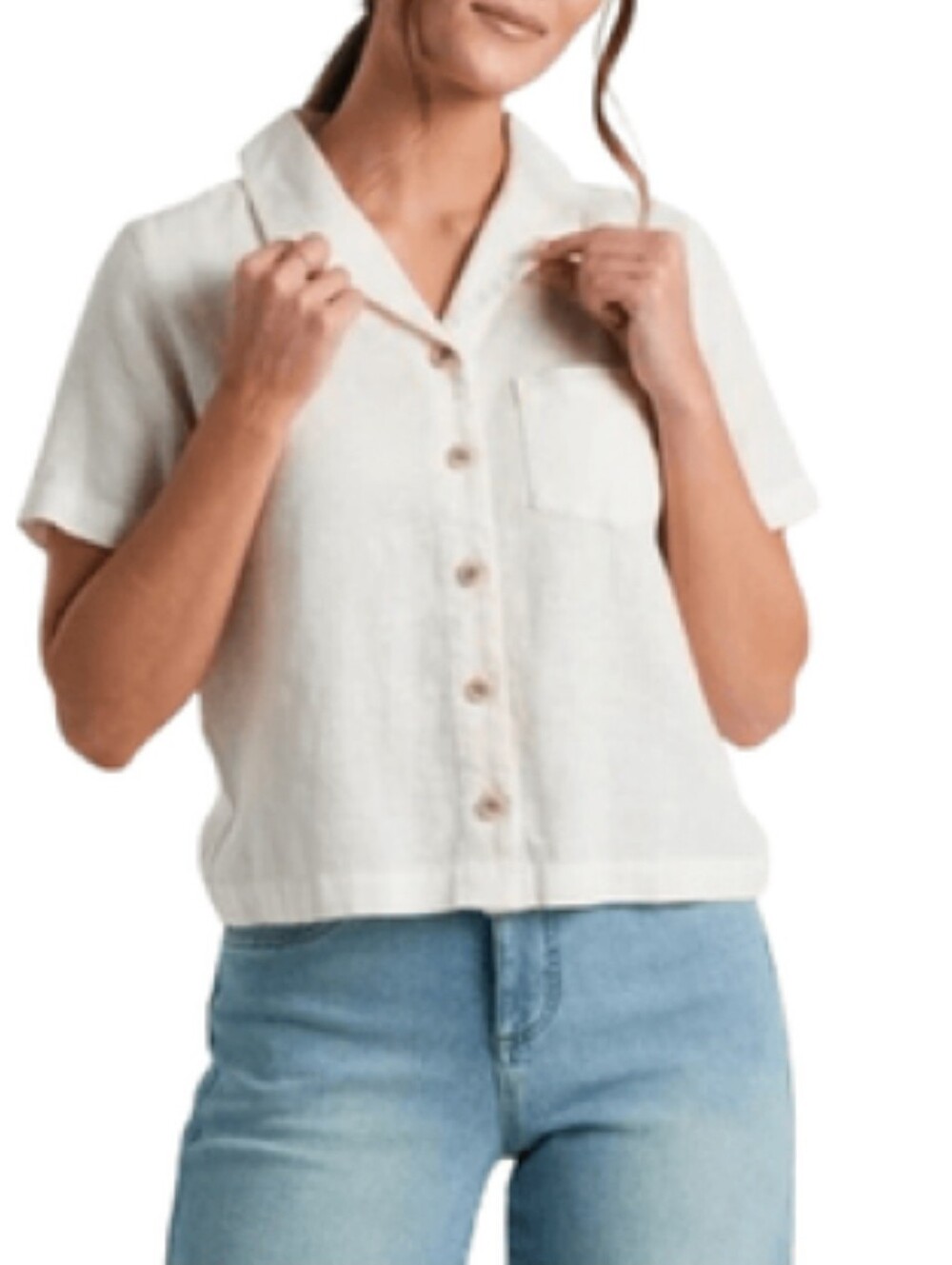 NWT LOVE NOTES Linen-Blend Crop Button-Front Top in Light Beige